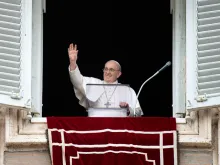 Pope Francis greets pilgrims during the Angelus on July 25, 2021.
